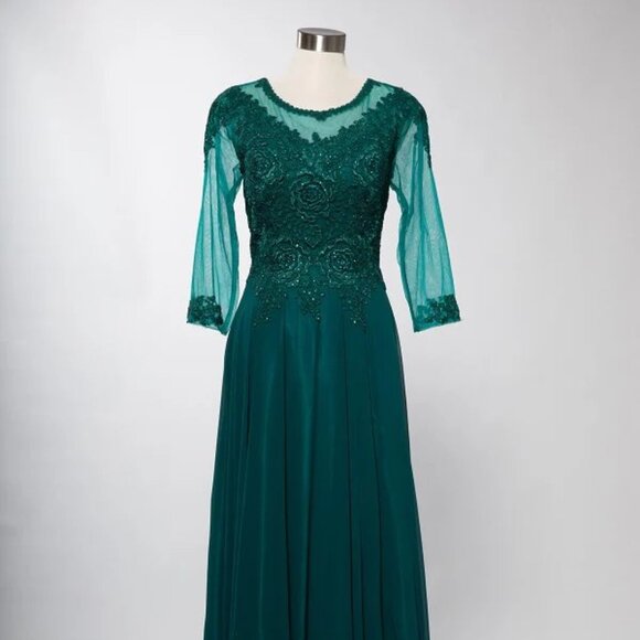 New A-Line MOB Formal Maxi Gown w/ Round Neck & Floral Lace Embroidery TC M2723J